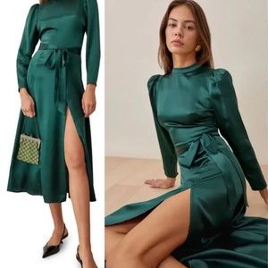 Reformation Julius dress Silk Emerald Forest Green Size 12 Long Sleeve